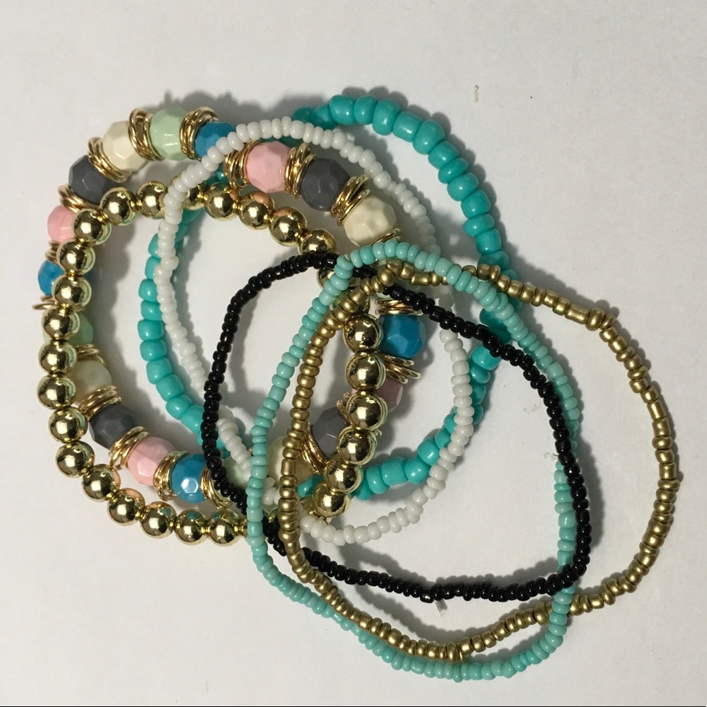 Boho Layer Bracelet Set 7 Piece Stackable Set in Blue Turquoise Gold Colors - Picture 3 of 6